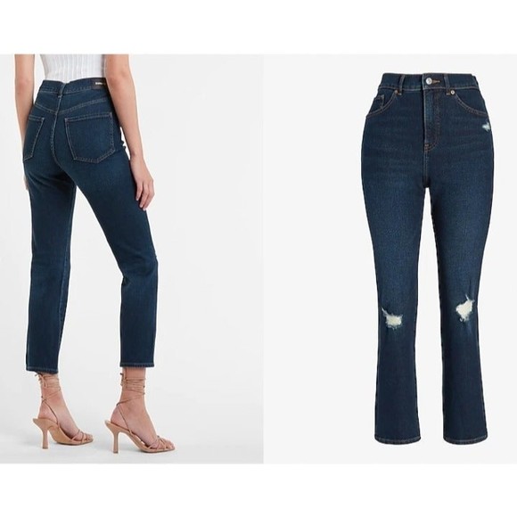 EXPRESS Super High Waisted Slim Straight Ripped Dark Wash Jeans 14 - Picture 3 of 12